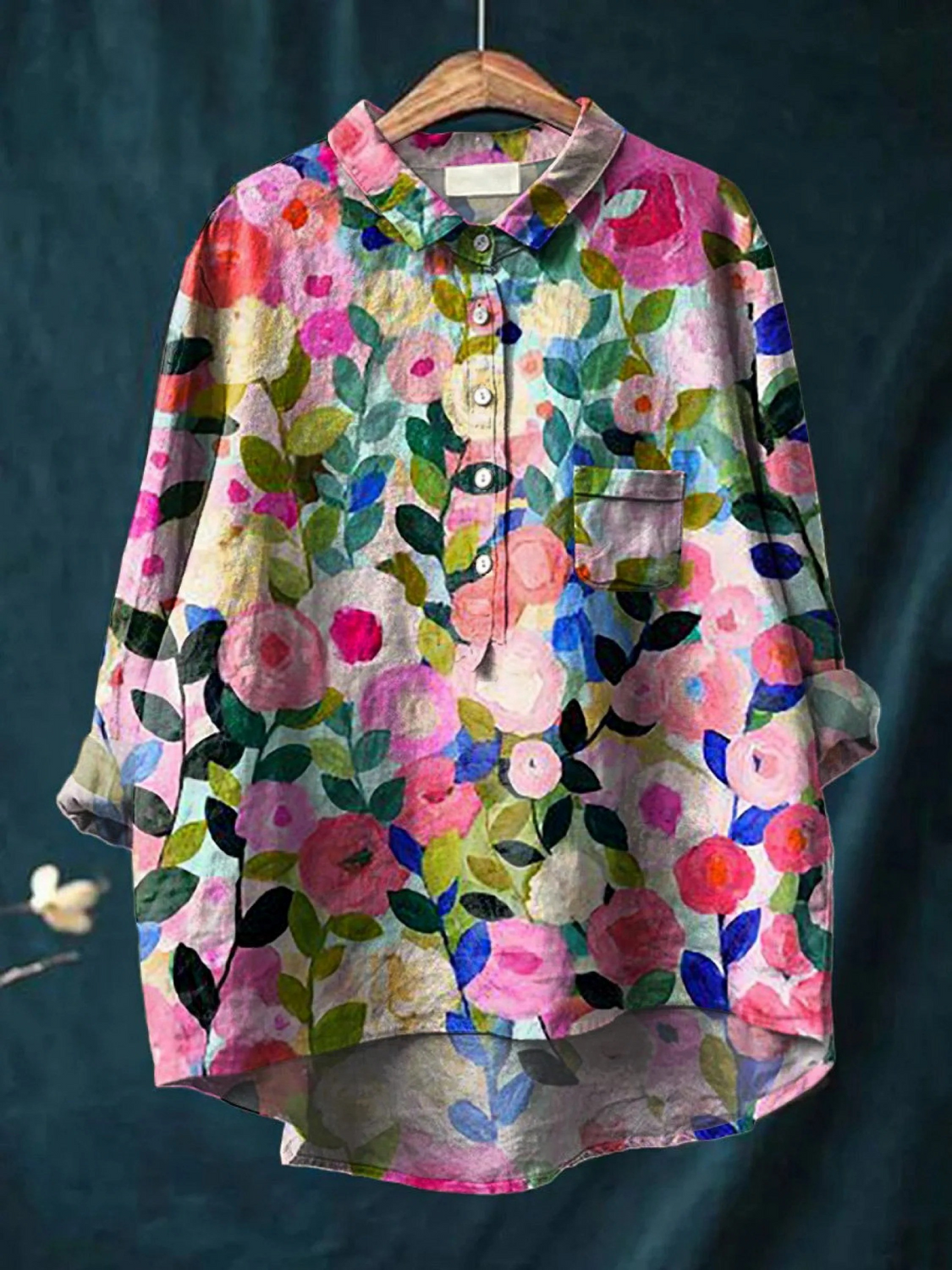 Colorful Spring Floral Garden Printed Women's Casual Linen Shirt