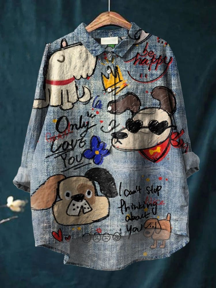 Cute Dog Art Print Casual Linen Shirt