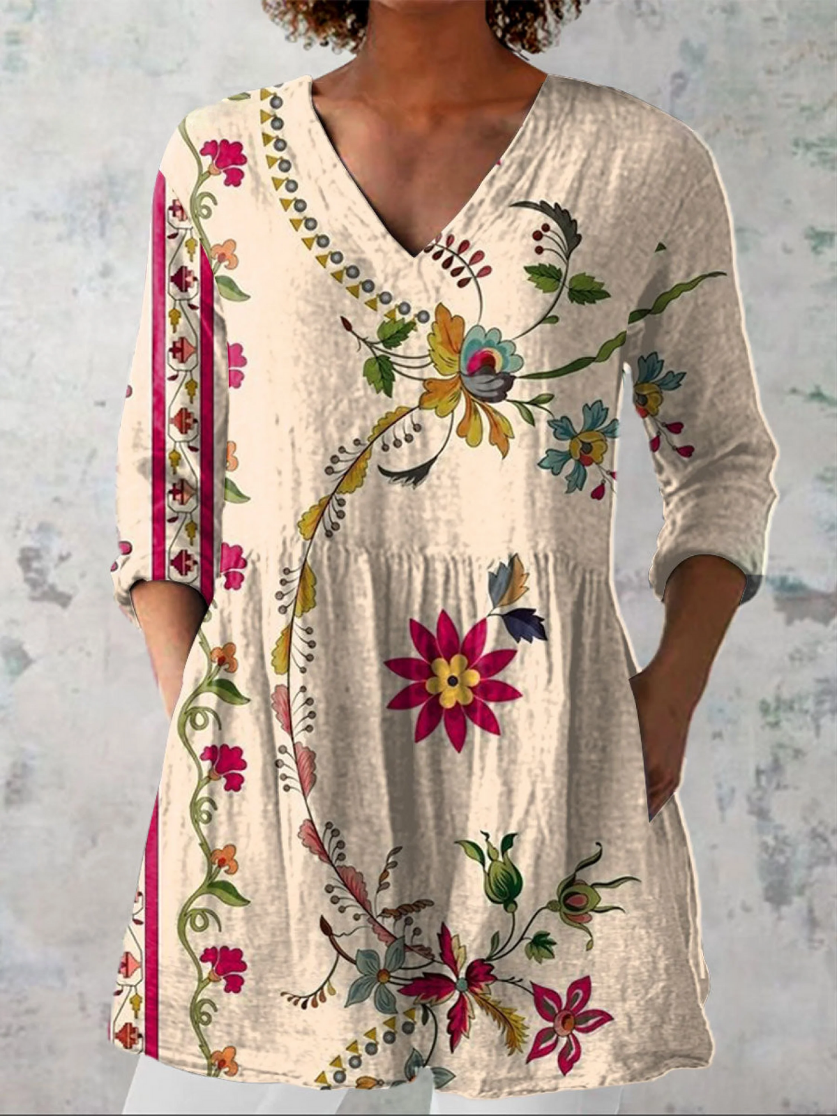 Boho Flower Linen Tunic – Ivory White