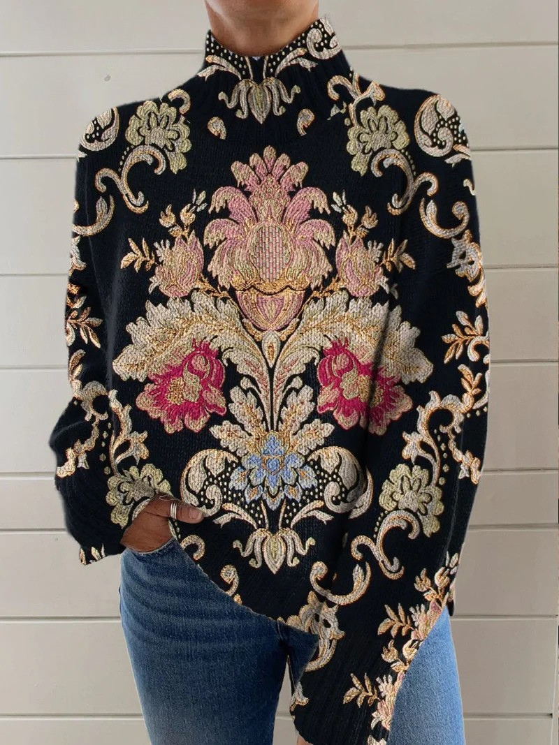Classic Vintage Floral Knit Turtleneck Sweater