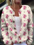 Watercolor French Rose Repeat Pattern Print Buttoned Cardigan Sweater