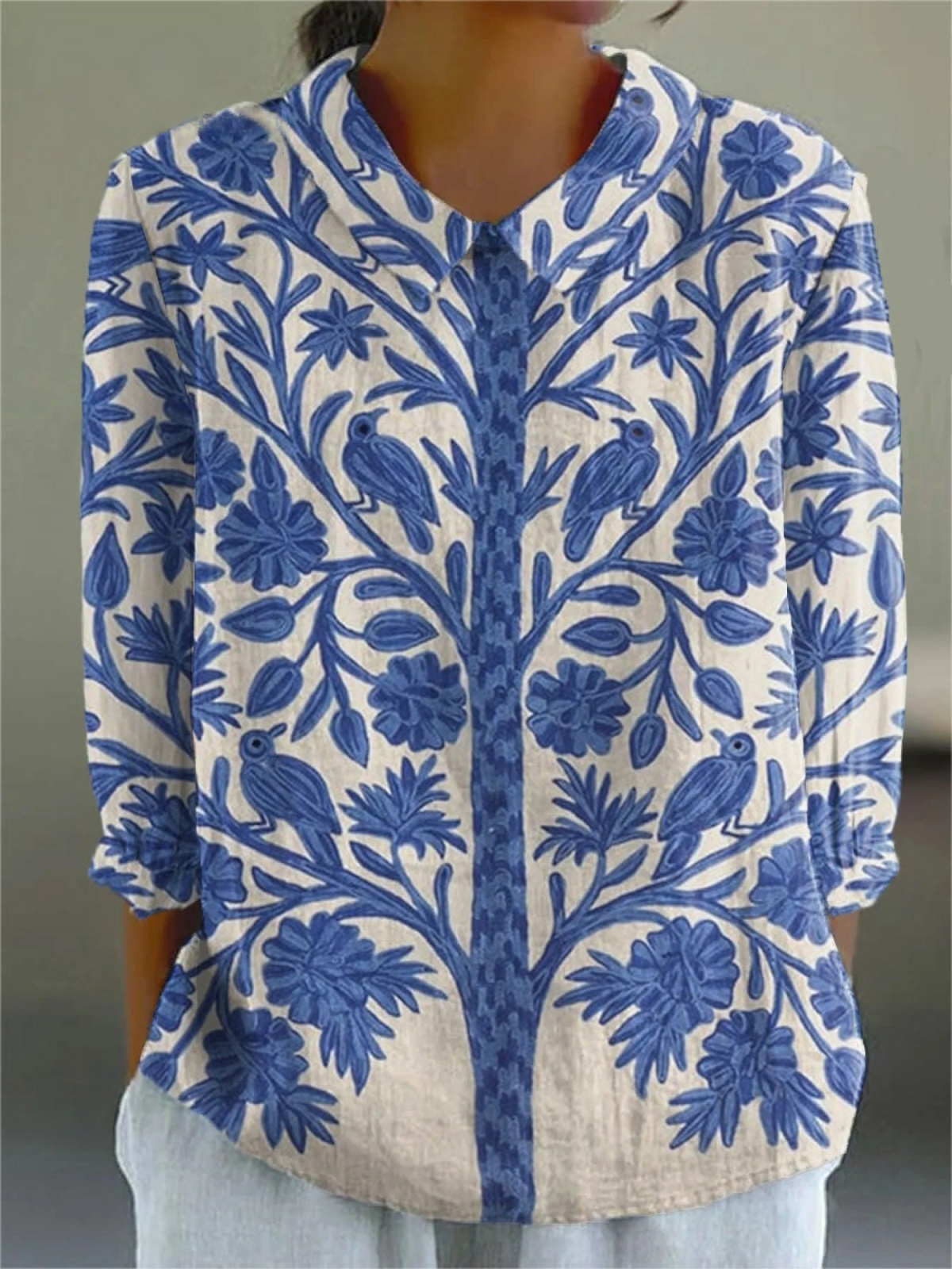 Women's  Vintage Floral Art Print Casual Linen V-neck Shirt