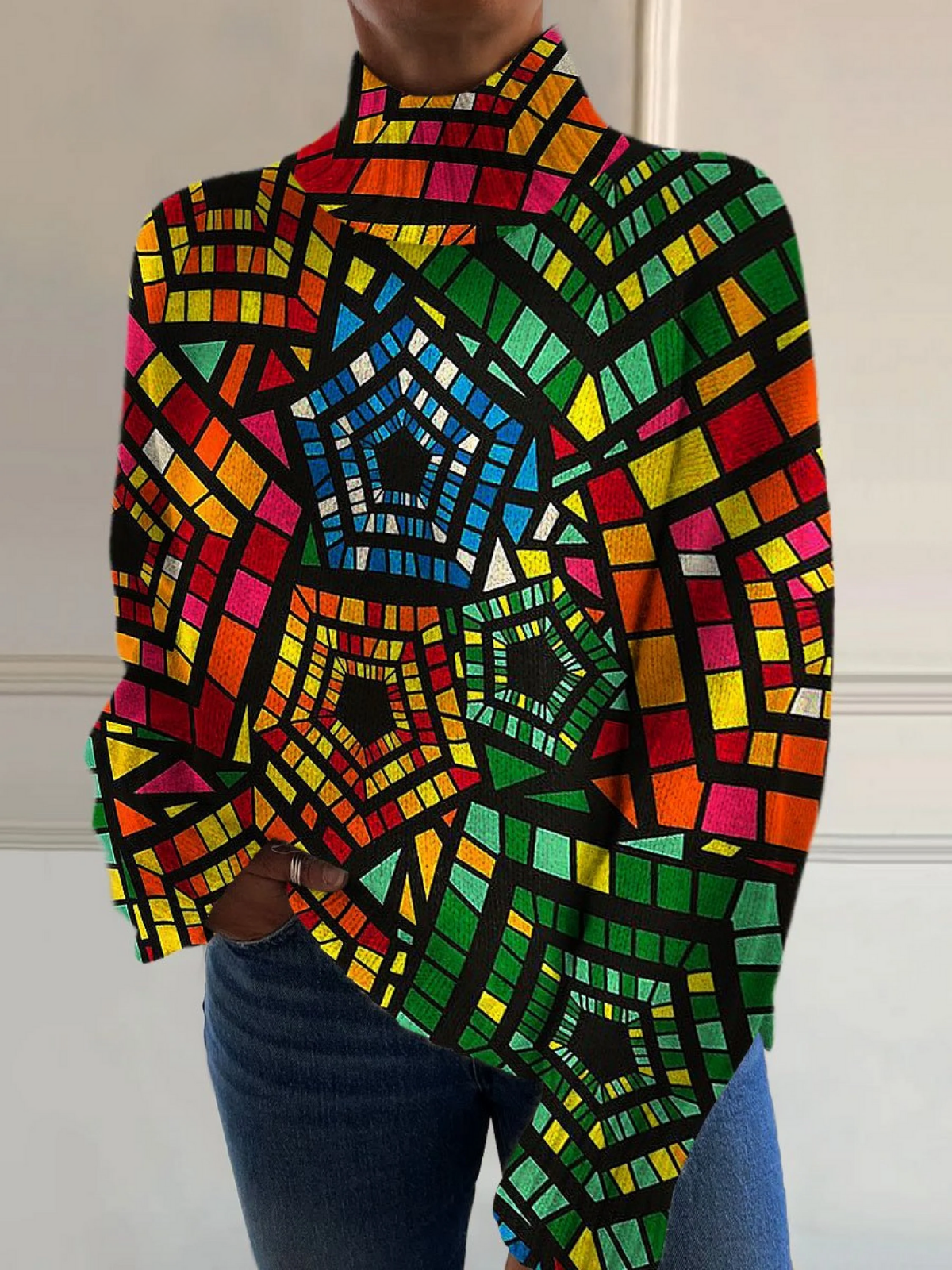 Retro Colorful Geometric Knit Turtleneck Sweater