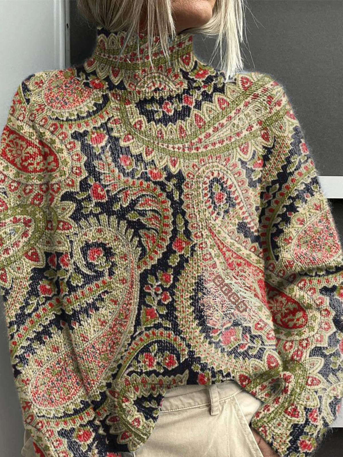 Vintage Floral Knit Turtleneck Sweater