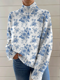 Blue Blossom Knit Turtleneck Sweater