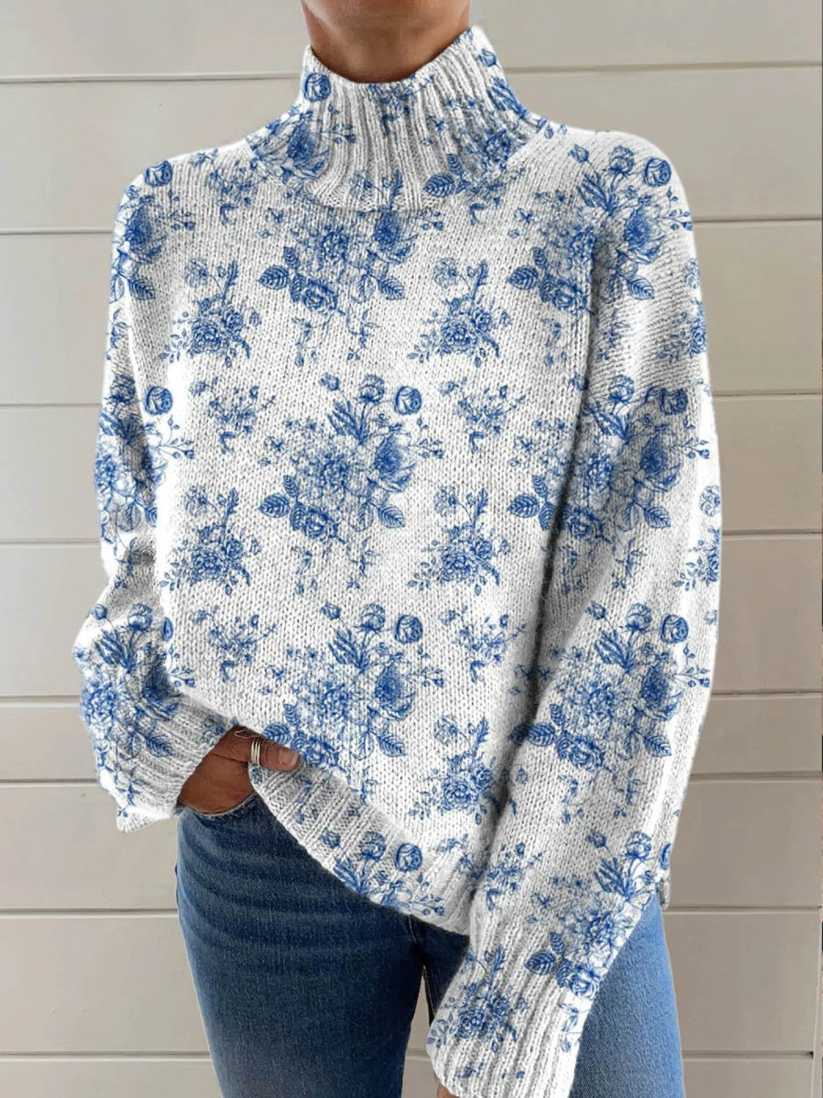 Blue Blossom Knit Turtleneck Sweater