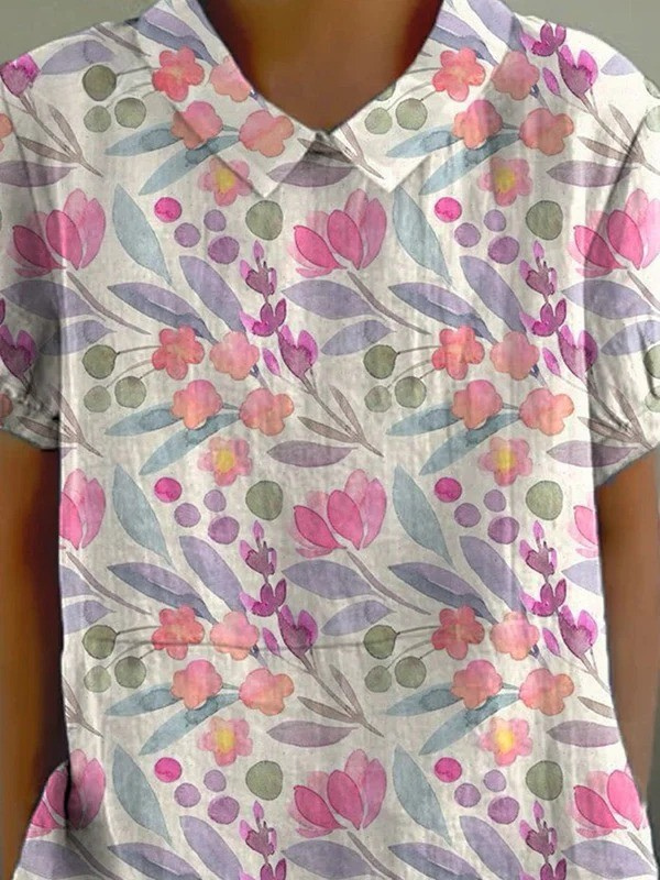 Watercolor Spring Garden Floral Repeat Pattern Printed Women's Casual Cotton And Linen Shirt