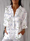 Women's Purple Floral Print Casual Linen V-neck Shirt