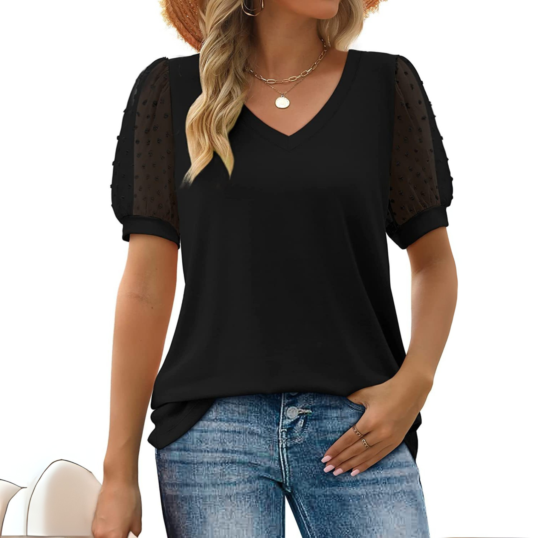 Rema – Sheer Sleeve V-Neck Top